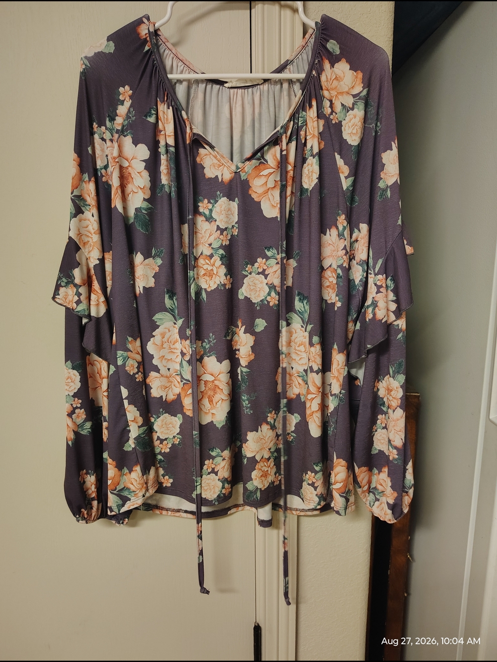 Boho Floral Tie-Front Peasant Blouse - Purple Peach